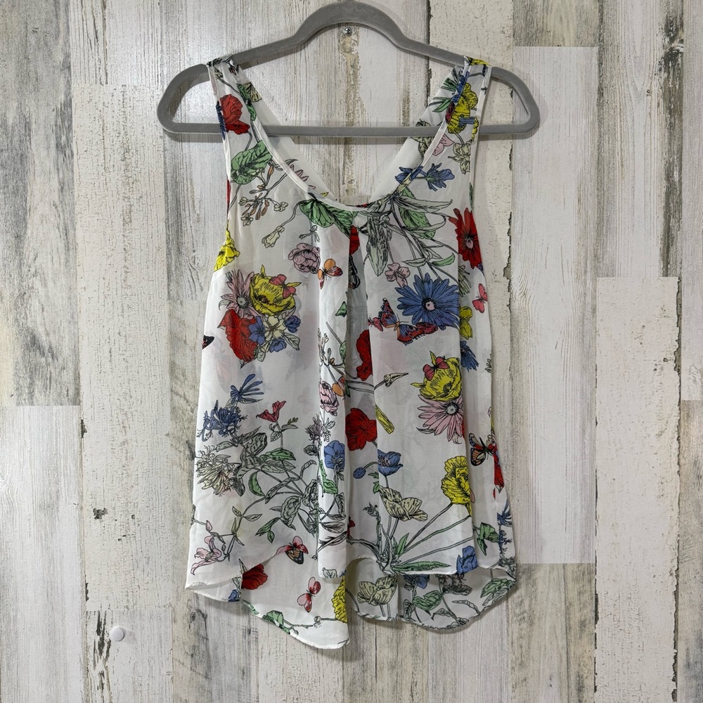 Alythea Sheer Flowery Bow Detail in Back Tank Top - White with Multicolor Design